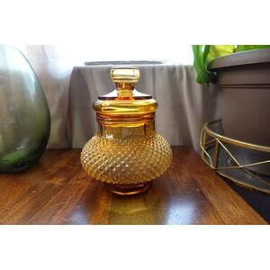 Vintage amber glass Empoli‎ diamond point compote with lid